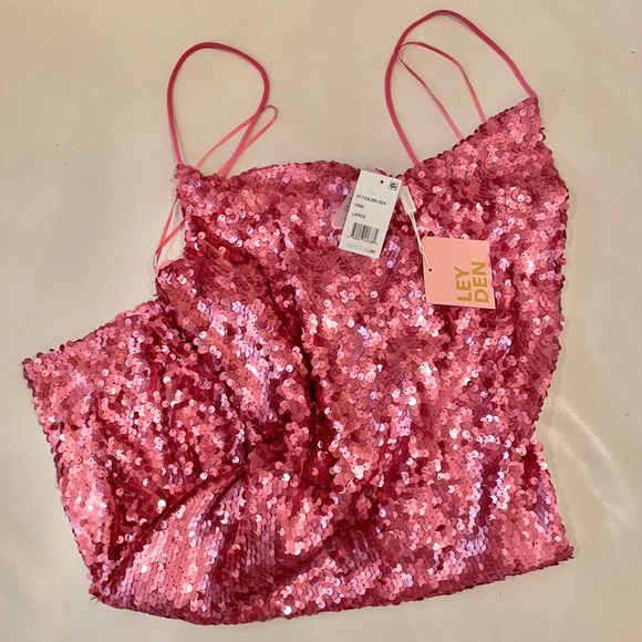 NWT L LEYDEN pink sequin sequined embellished party mini spaghetti st dress rave - Picture 2 of 12